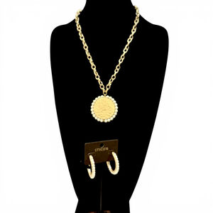 CHICO’S Gold Pearl-lined Medallion Necklace + Earrings Set | NWOT